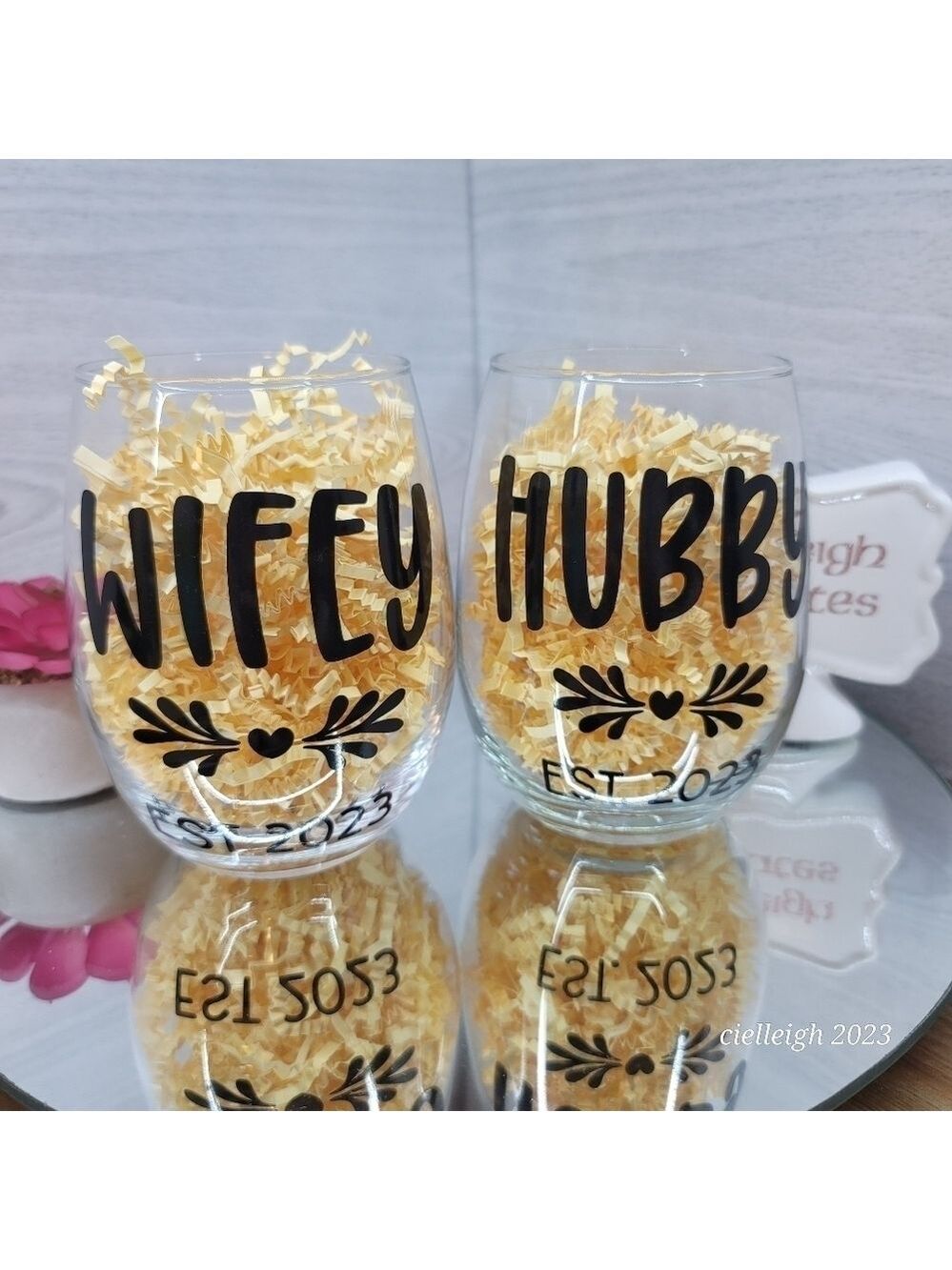 Hubby and Wifey stemless wine glass set